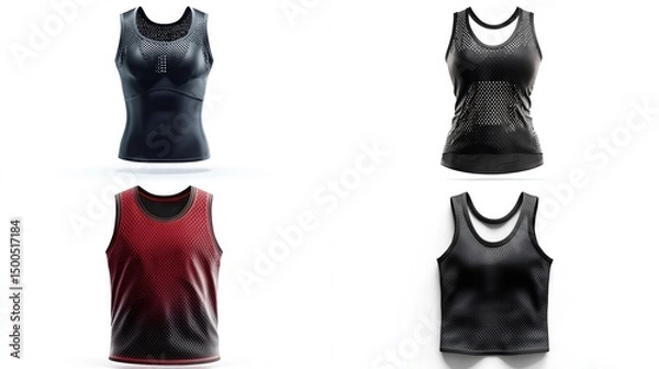 Fototapeta Four close-up shots of women's athletic tank tops; two black, one dark red, showcasing varying necklines and subtle texture differences on a white background