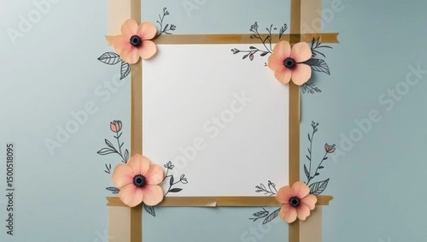 Fototapeta Journal-style image frame with taped borders and floral doodles