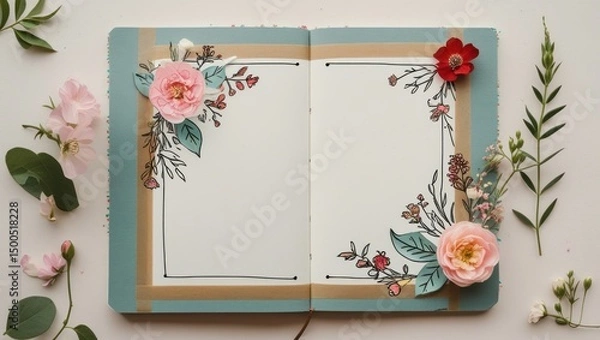 Fototapeta Journal-style image frame with taped borders and floral doodles