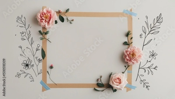 Fototapeta Journal-style image frame with taped borders and floral doodles