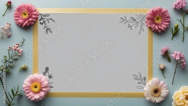 Fototapeta Journal-style image frame with taped borders and floral doodles