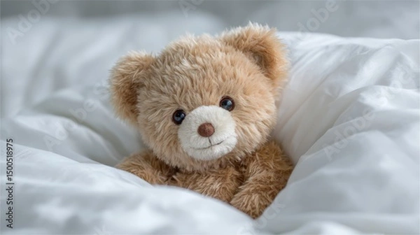 Obraz Cute Teddy Bear in Bed  Soft Plush Toy  Cozy Sleep  White Bedding  Child s Room Decor