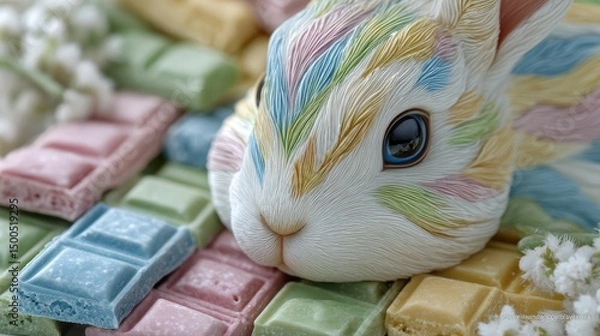 Obraz Pastel Easter Bunny with Colorful Chocolate Candies
