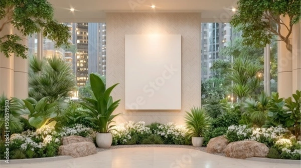 Obraz Modern Gallery Interior  Blank Canvas  Plants  City View