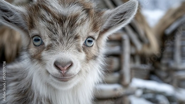 Obraz Adorable Baby Goat in Winter Village Setting