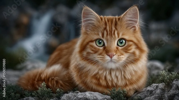 Obraz Adorable Ginger Cat on Mossy Rocks by Waterfall