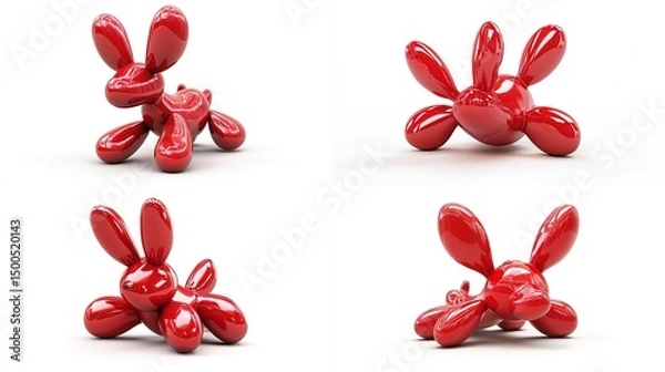 Fototapeta Four glossy, red, balloon-animal sculptures of rabbits in various playful poses against a white background.  Each rabbit's form is simplified, smooth, and suggestive of inflated rubber