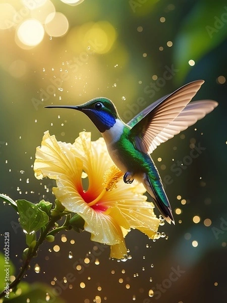 Fototapeta Hummingbird Hovering Near Yellow Hibiscus Flower with Water Droplets in Sunlight