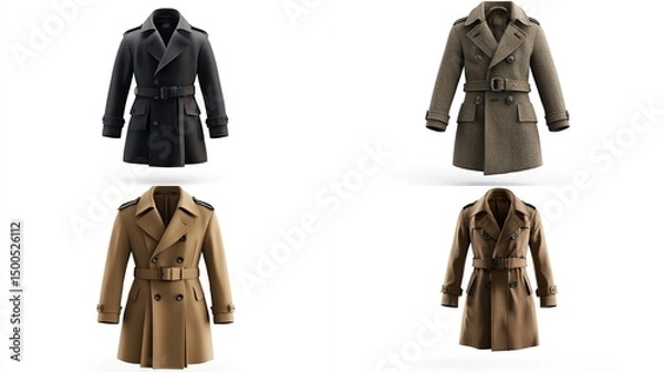 Fototapeta Four variations of a double-breasted, belted, knee-length wool coat shown in charcoal, olive, camel, and tan.  Each coat features notched lapels and long sleeves