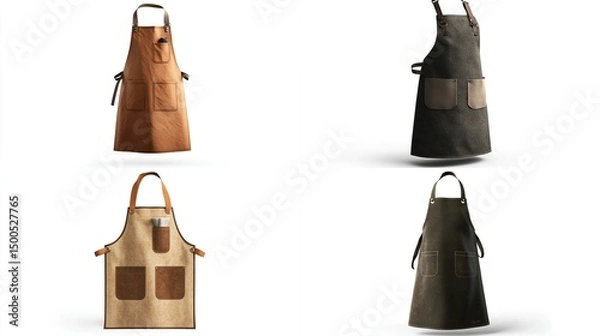 Fototapeta Four stylish aprons, tan, beige, dark brown, and black, shown against a white background, each with pockets and leather straps.  They vary in color and design details
