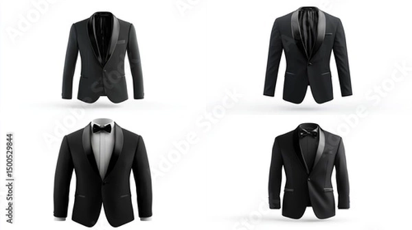 Fototapeta Four variations of a classic black tuxedo jacket shown against a white background, each with subtle differences in lapel and shirt visibility