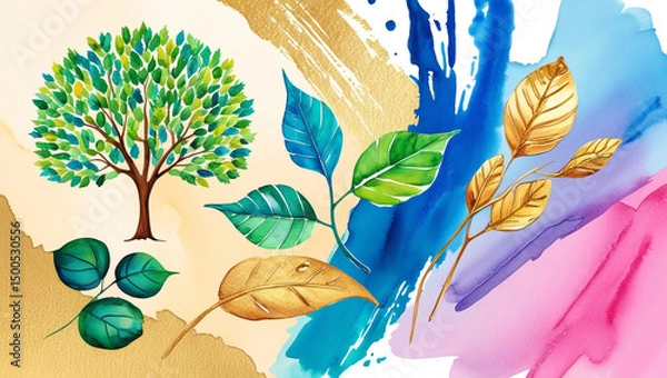 Fototapeta Holding illustration of a colorful watercolor tree	