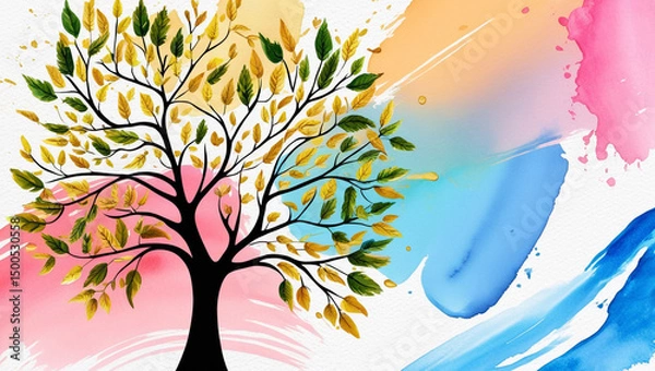 Fototapeta Holding illustration of a colorful watercolor tree	