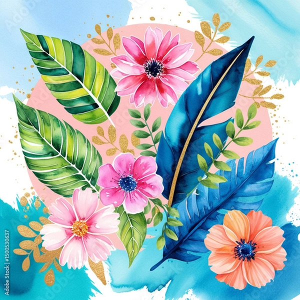 Fototapeta colorful tropical flowers with seamless pattern with leaves	