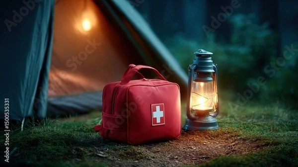 Fototapeta Red first aid kit lit by camping lantern at tent entrance in dark, symbol of emergency in wilderness