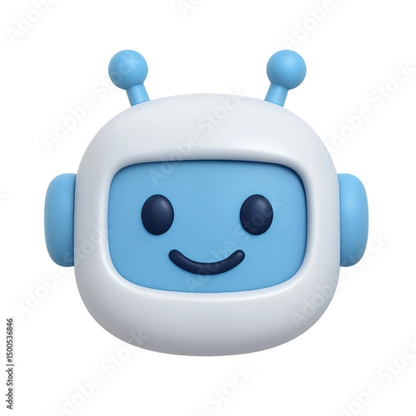 Obraz Cheerful 3D rendered robot head with white and light blue colors, isolated on transparent background; concept for chatbot, AI, technology, virtual assistant, and digital interface design