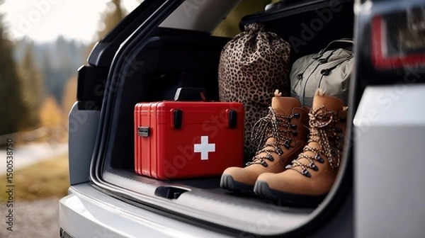 Fototapeta Red first aid kit in SUV trunk with travel gear in bright daylight, modern overland adventure concept