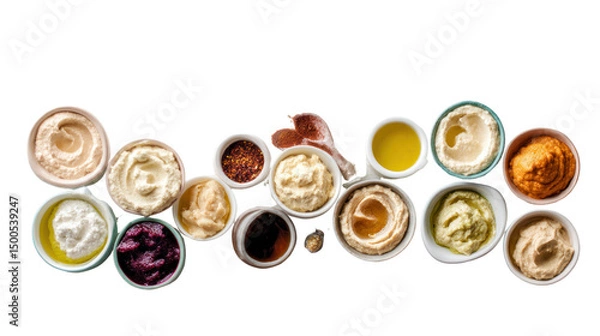 Fototapeta Variety of creamy sauces in bowls, isolated on white background.