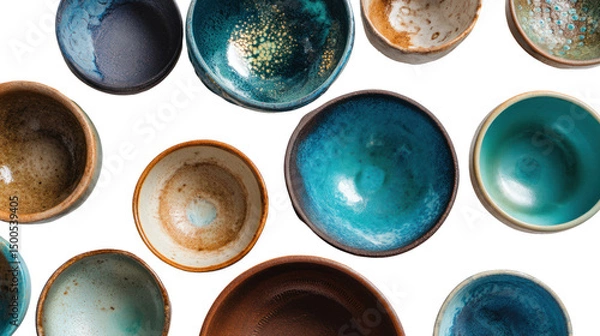 Fototapeta Various beautiful, handcrafted ceramic bowls in different colors and sizes on a black background.