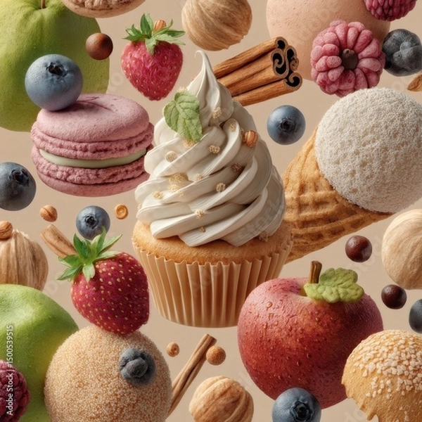 Fototapeta Assorted desserts including cupcakes macarons berries and spices with a variety of fresh fruits and sweet toppings for dessert lovers and confectionery displays