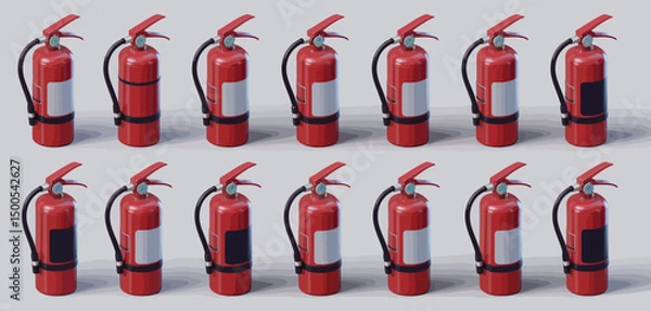 Fototapeta Twelve Red Fire Extinguishers in a Row on Gray Background
