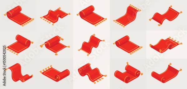 Fototapeta Twelve Red Rolled Carpets Isometric Illustrations