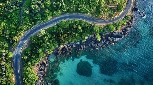 Obraz Beautiful coastal road captured from above, winding along the ocean's edge.