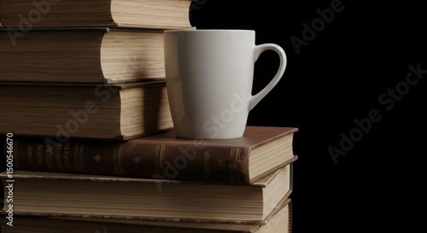 Obraz A coffee mug resting on a pile of old books side-lit hyper-realistic textures
