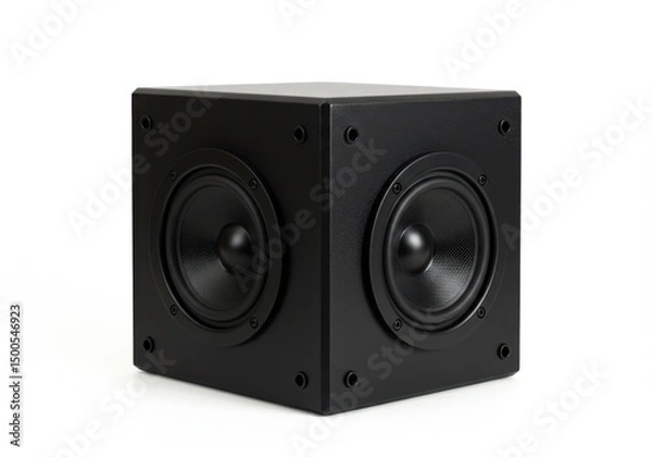 Fototapeta A cube shaped audio device with round speakers on multiple sides of the box