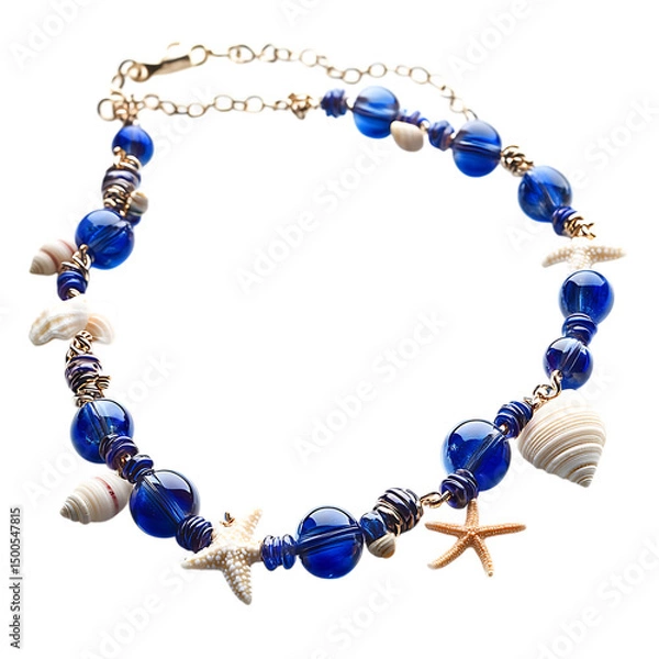 Obraz Nautical Anklet with Deep Blue Glass Beads Isolated on Transparent Background