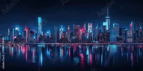 Fototapeta A vibrant, stylized cityscape at night, reflecting in calm water; neon lights in pink and blue illuminate numerous skyscrapers of varying heights against a dark sky