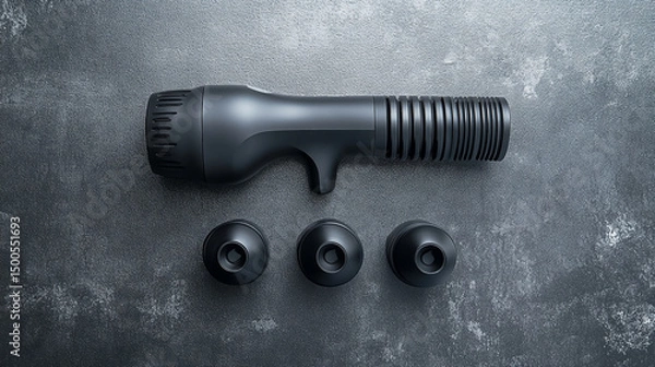 Fototapeta Sleek modern massage gun displayed on a grey textured surface, featuring four interchangeable heads arranged neatly beside it