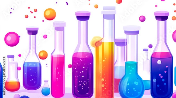 Fototapeta Vibrant Science Lab Equipment Illustration A collection of lab flasks and test tubes filled with colorful liquids