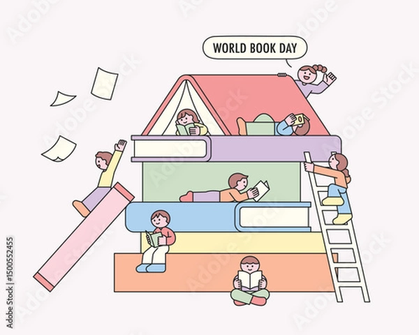 Obraz Happy children reading books and playing on a giant stack of colorful books to celebrate World Book Day.