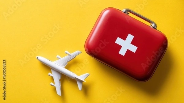Fototapeta Red first aid kit and white airplane model on yellow background  top-down travel safety concept