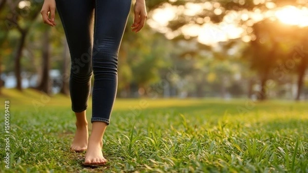 Obraz Young woman walking barefoot on grass in park during golden hour