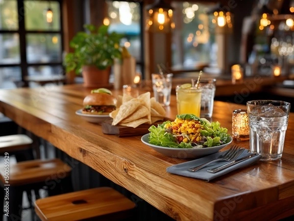 Obraz Restaurant table laden with food and beverages