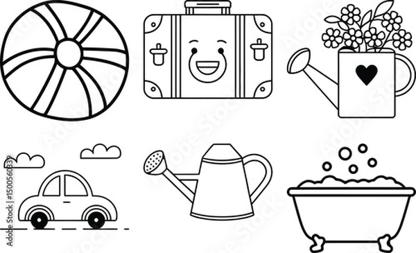 Fototapeta Summer Vacation Line Art Set – Featuring Beach Ball, Suitcase with Smiley Face, Watering Can with Flowers and Heart, Cartoon Car on Road, Simple Watering Can, Bathtub with Bubbles, and Clouds