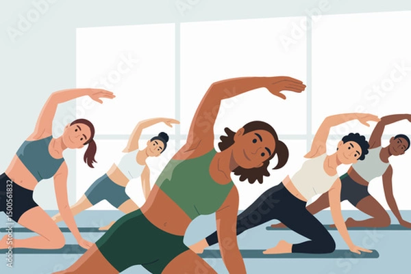 Fototapeta Group of individuals practicing yoga in bright studio