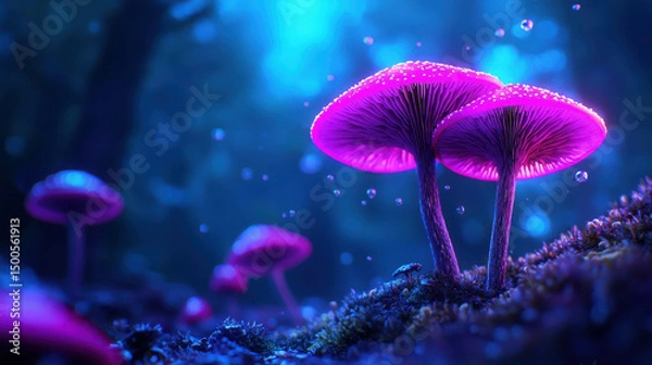 Fototapeta Glowing Purple Mushrooms in a Mystical Forest with Soft Light and Bubbles Creating an Enchanting Atmosphere in Nature
