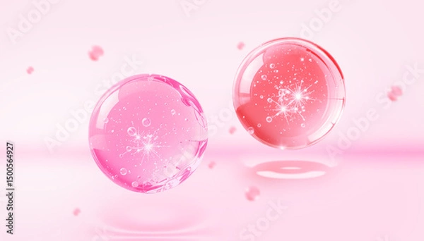 Obraz Close-up image of clear serum drops on a glossy pink background, ideal for beauty and skincare themes.