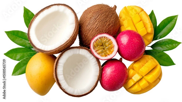 Fototapeta Exotic Fruit Composition with Coconut, Passion Fruit, and Mango