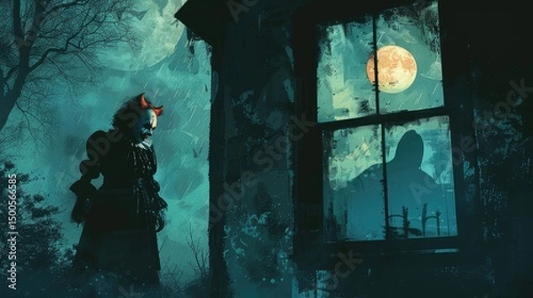 Fototapeta A sinister clown stands outside a haunted house, illuminated by a full moon.