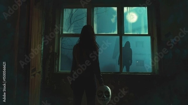 Fototapeta A mysterious figure looms outside a window as a person holds a mask, creating an eerie atmosphere.