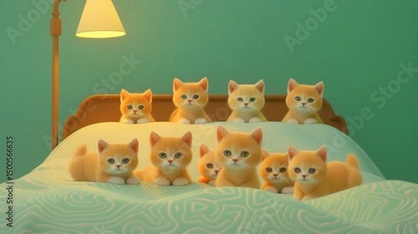 Fototapeta A cozy scene featuring multiple cute kittens resting on a bed.