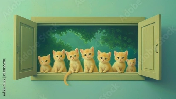 Fototapeta A whimsical scene of seven cute orange kittens peeking out from a window surrounded by greenery.