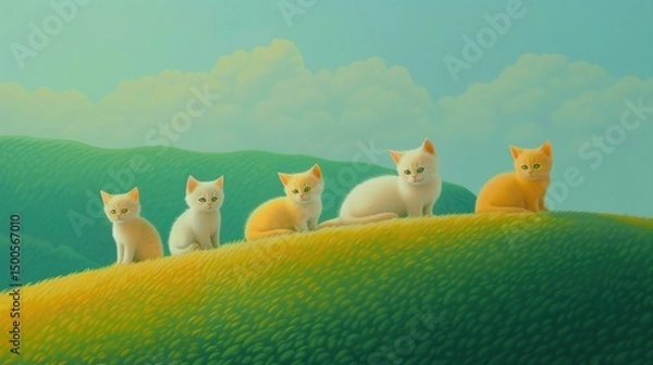 Fototapeta A serene landscape featuring five cute kittens on a grassy hill under a pastel sky.