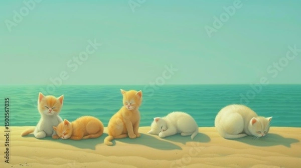 Fototapeta A serene beach scene featuring five adorable cats resting by the ocean.