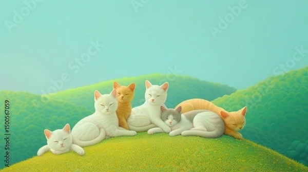 Fototapeta A serene scene of six cats resting on a grassy hill against a soft, pastel landscape.