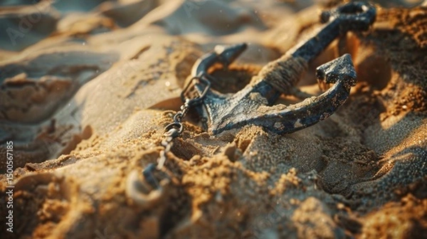 Fototapeta An anchor partially buried in sandy beach, illuminated by soft sunlight.